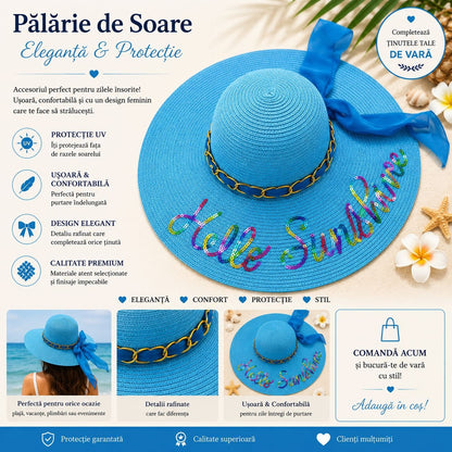 Palarie de Soare pentru Femei Albastra cu Fundita si Inscripție “Hello Sunshine” – Palarie Eleganta de Vara