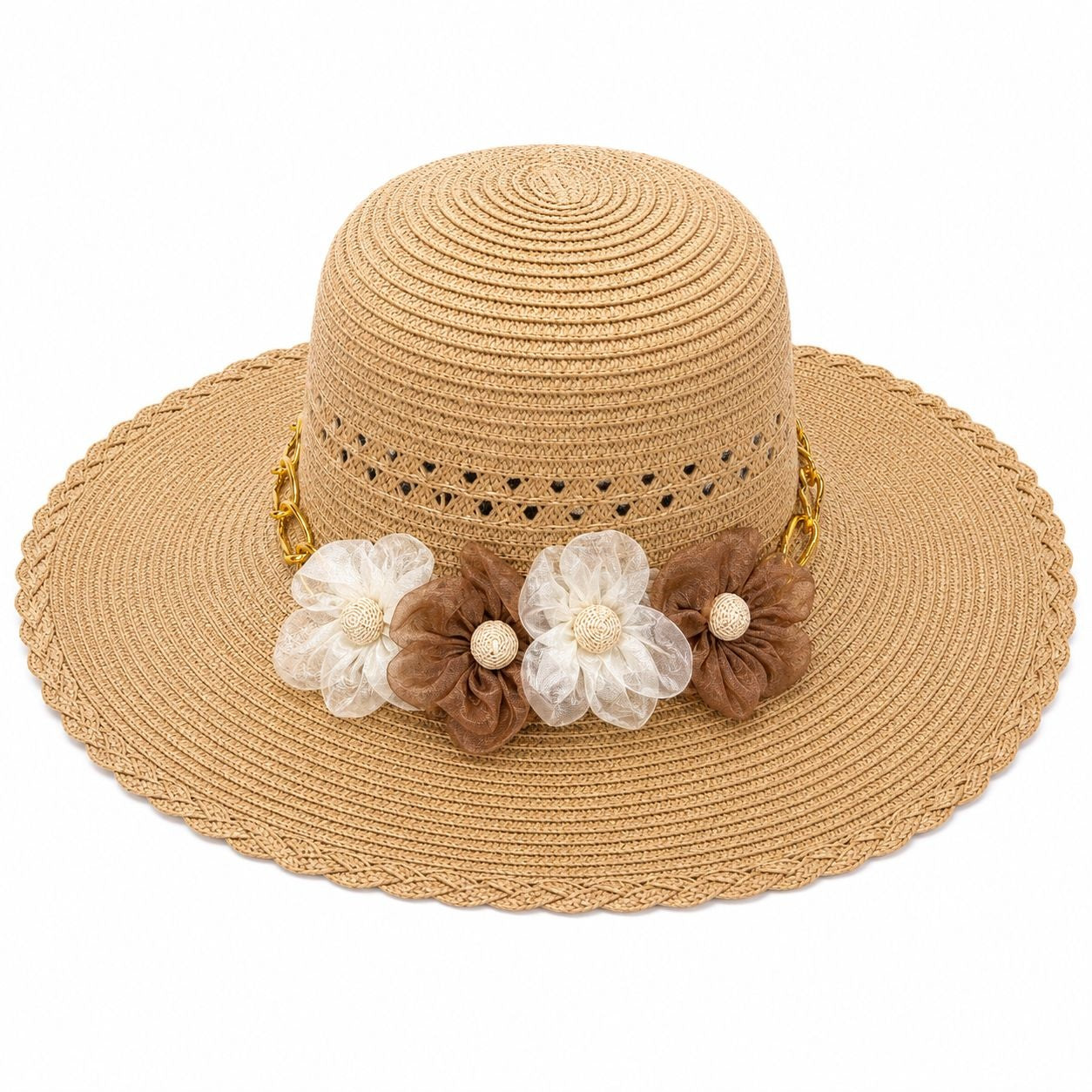 Palarie de Soare pentru Femei, Bej , cu Floricele Decorative, Boruri Largi