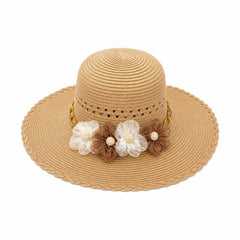 Palarie de Soare pentru Femei, Bej , cu Floricele Decorative, Boruri Largi