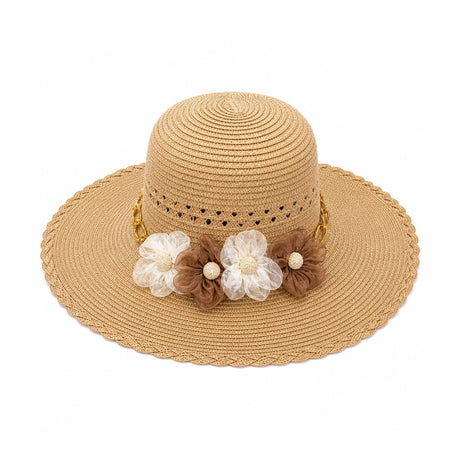 Palarie de Soare pentru Femei, Bej , cu Floricele Decorative, Boruri Largi