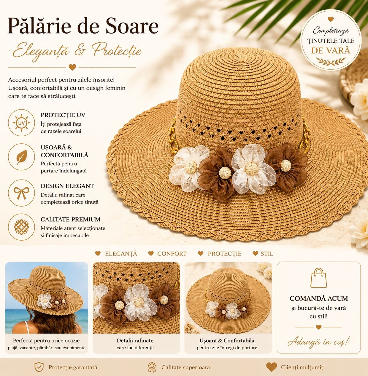 Palarie de Soare pentru Femei, Bej , cu Floricele Decorative, Boruri Largi