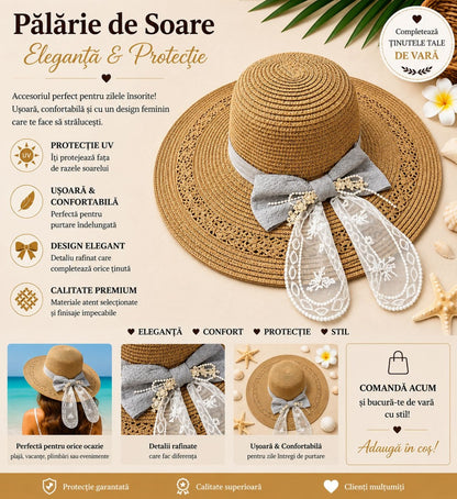 Palarie de Soare pentru Femei Bej cu Fundita si Dantela – Model Elegant de Vara