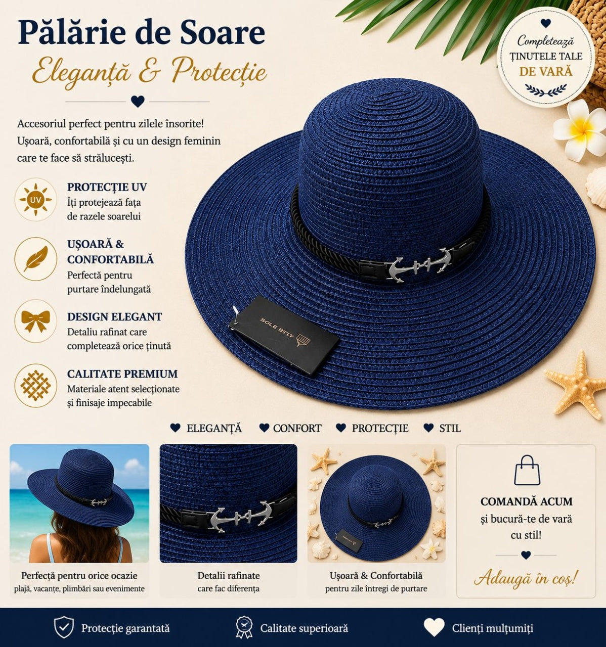 Palarie de Soare pentru Femei Bleumarin cu Detaliu Ancora – Model Elegant de Vara