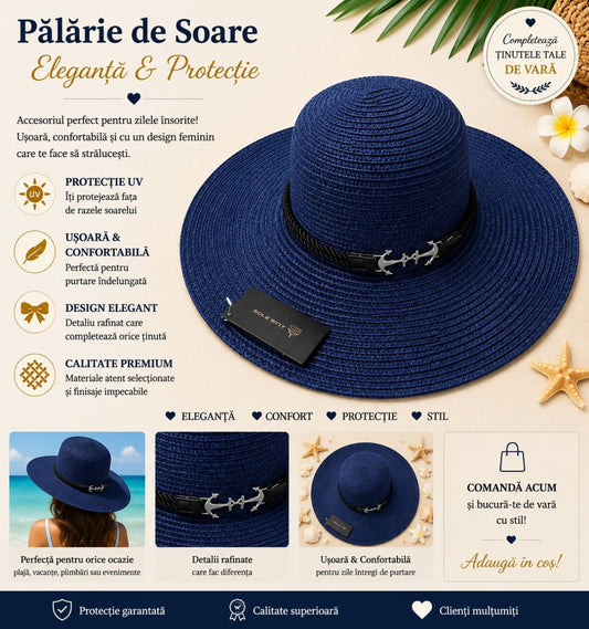 Palarie de Soare pentru Femei Bleumarin cu Detaliu Ancora – Model Elegant de Vara