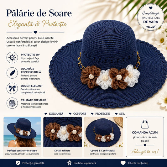 Palarie de Soare pentru Femei Bleumarin cu Floricele – Model Elegant de Vara