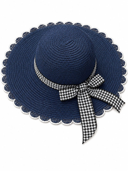 Palarie de Soare pentru Femei Bleumarin cu Fundita Alb-Negru Eleganta – Model Chic de Vara