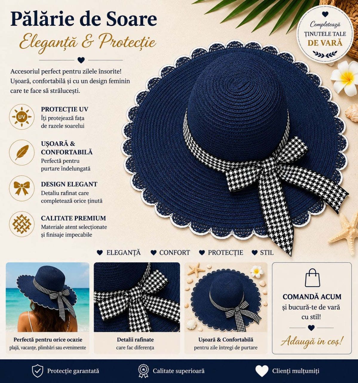 Palarie de Soare pentru Femei Bleumarin cu Fundita Alb-Negru Eleganta – Model Chic de Vara