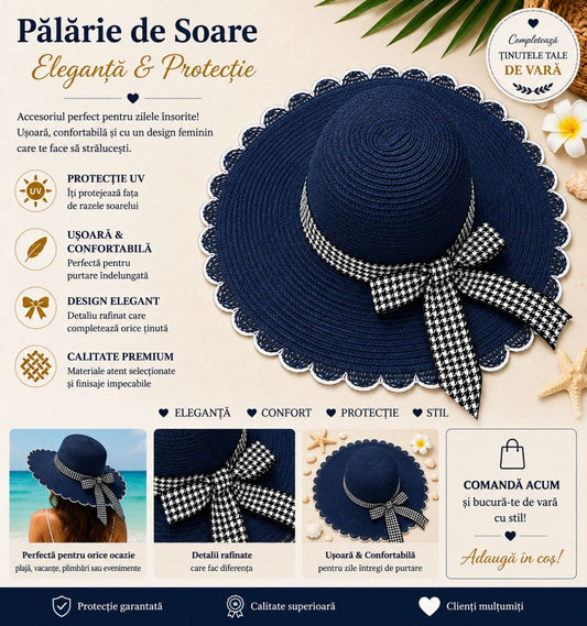 Palarie de Soare pentru Femei Bleumarin cu Fundita Alb-Negru Eleganta – Model Chic de Vara
