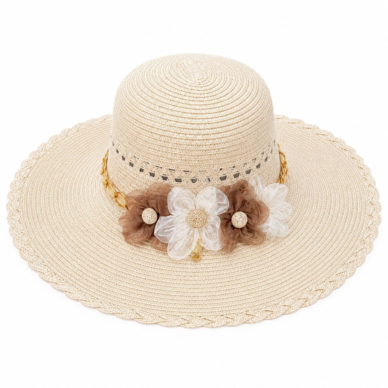 Palarie de Soare pentru Femei, Crem, cu Floricele Decorative
