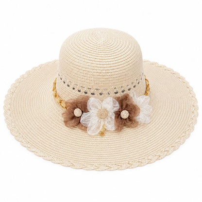 Palarie de Soare pentru Femei, Crem, cu Floricele Decorative