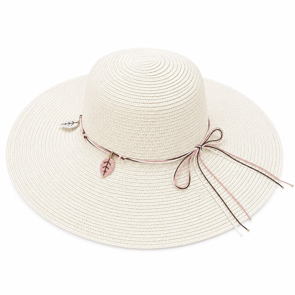Palarie de Soare pentru Femei, Crem, cu Frunze si Fundita, Boruri Largi, Design Elegant de Vara