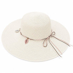 Palarie de Soare pentru Femei, Crem, cu Frunze si Fundita, Boruri Largi, Design Elegant de Vara