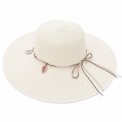 Palarie de Soare pentru Femei, Crem, cu Frunze si Fundita, Boruri Largi, Design Elegant de Vara