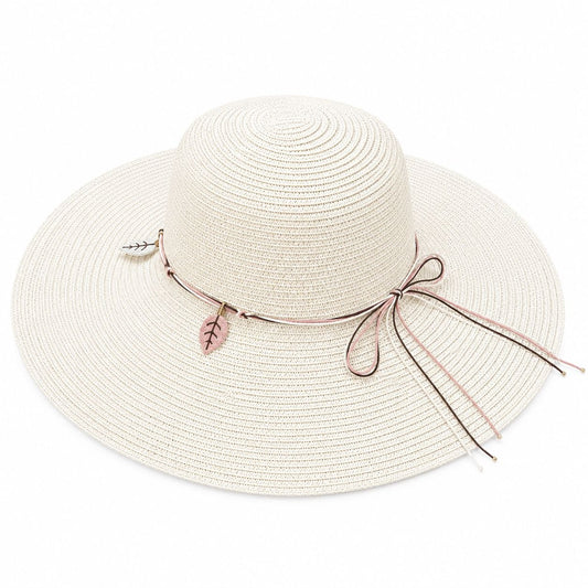 Palarie de Soare pentru Femei, Crem, cu Frunze si Fundita, Boruri Largi, Design Elegant de Vara