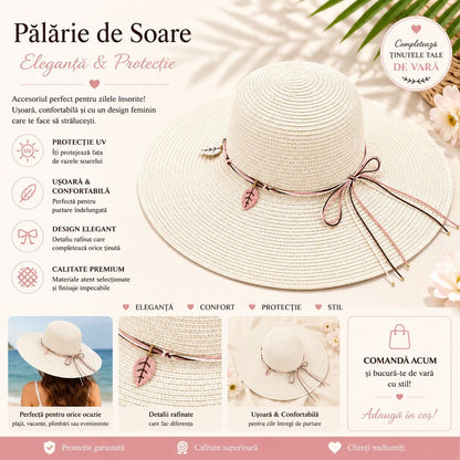 Palarie de Soare pentru Femei, Crem, cu Frunze si Fundita, Boruri Largi, Design Elegant de Vara