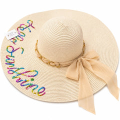 Palarie de Soare pentru Femei, Crem cu Fundita Bej si Inscriptie “Hello Sunshine”, Eleganta de Vara