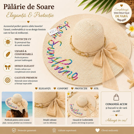 Palarie de Soare pentru Femei, Crem cu Fundita Bej si Inscriptie “Hello Sunshine”, Eleganta de Vara