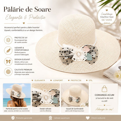 Palarie de Soare pentru Femei, Crem, cu Fundita Eleganta, Boruri Largi, Stil Feminin de Vara