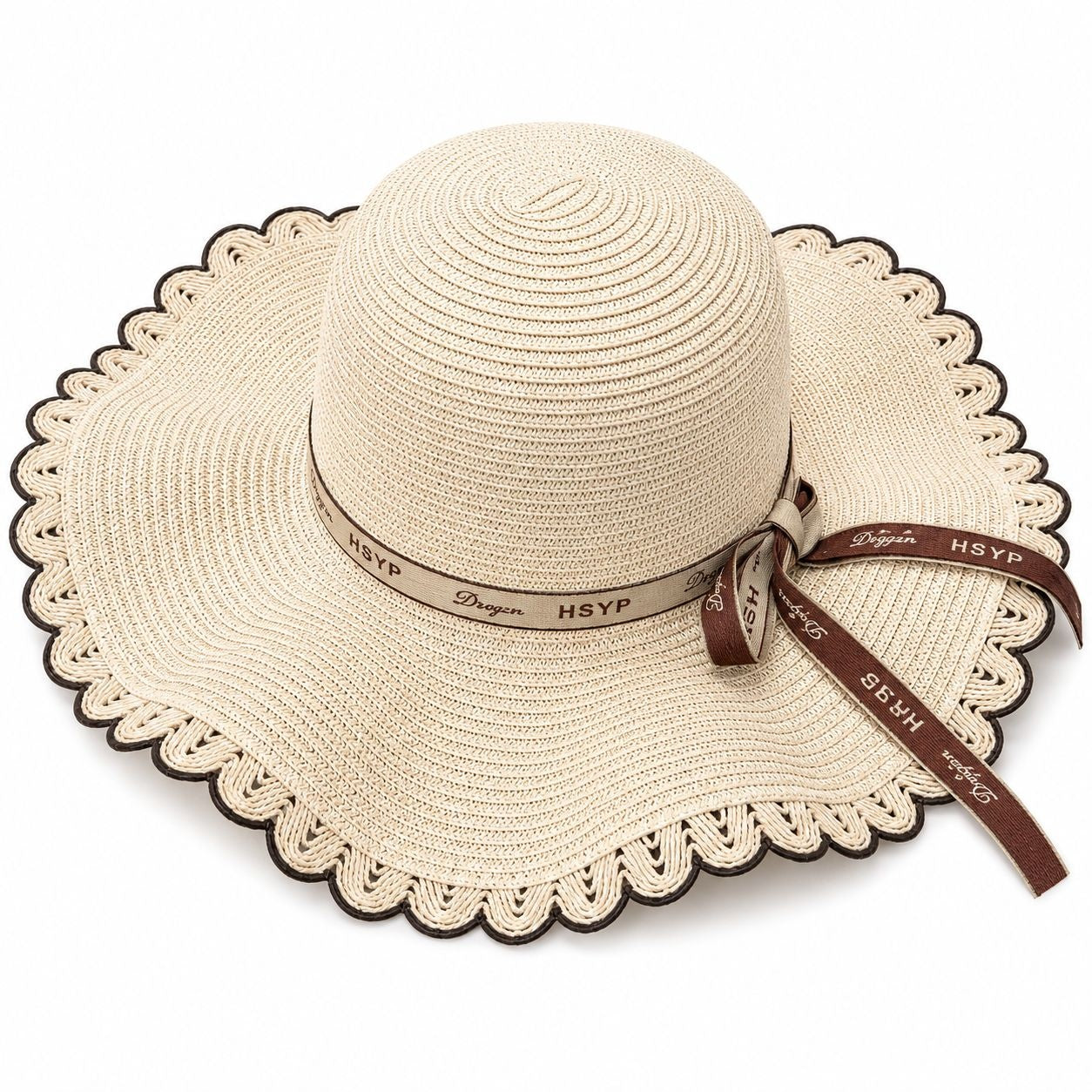 Palarie de Soare pentru Femei, Crem cu Fundita Maro, Boruri Ondulate, Design Elegant de Vara