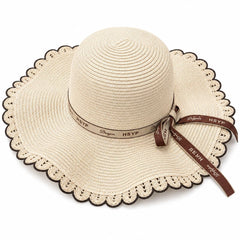 Palarie de Soare pentru Femei, Crem cu Fundita Maro, Boruri Ondulate, Design Elegant de Vara