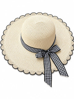 Palarie de Soare pentru Femei Crem cu Fundita Negru-Alb Eleganta – Model Chic de Vara