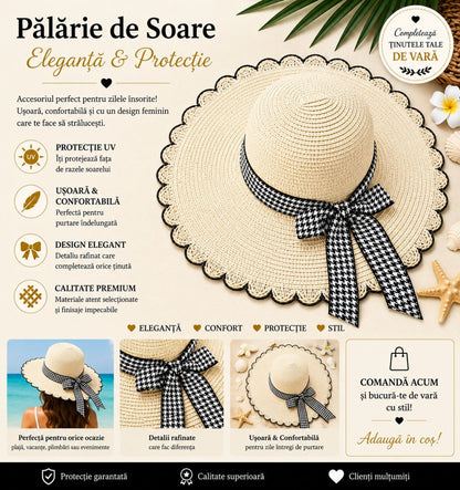 Palarie de Soare pentru Femei Crem cu Fundita Negru-Alb Eleganta – Model Chic de Vara