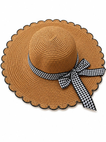 Palarie de Soare pentru Femei Maro cu Fundita Alb-Negru Eleganta – Model Chic de Vara