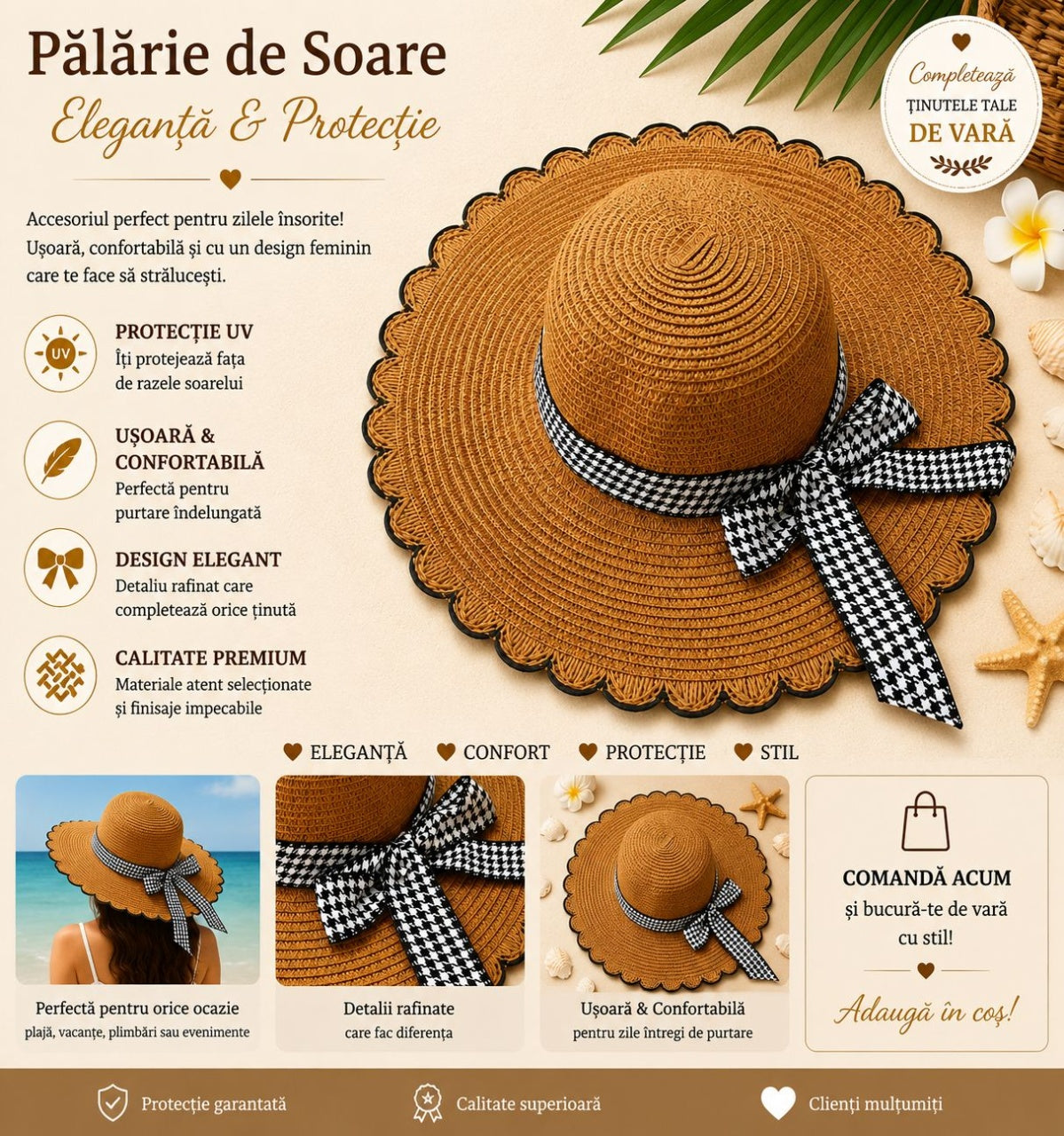 Palarie de Soare pentru Femei Maro cu Fundita Alb-Negru Eleganta – Model Chic de Vara