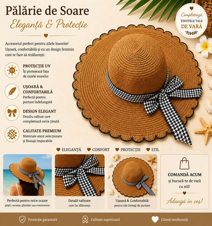 Palarie de Soare pentru Femei Maro cu Fundita Alb-Negru Eleganta – Model Chic de Vara