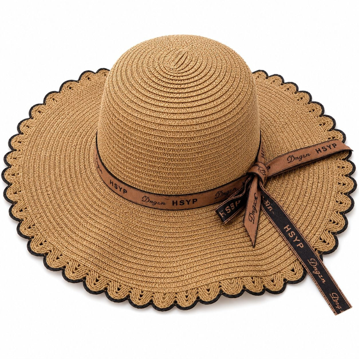 Palarie de Soare pentru Femei, Maro cu Fundita Eleganta, Boruri Ondulate, Stil Chic de Vara