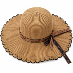 Palarie de Soare pentru Femei, Maro cu Fundita Eleganta, Boruri Ondulate, Stil Chic de Vara