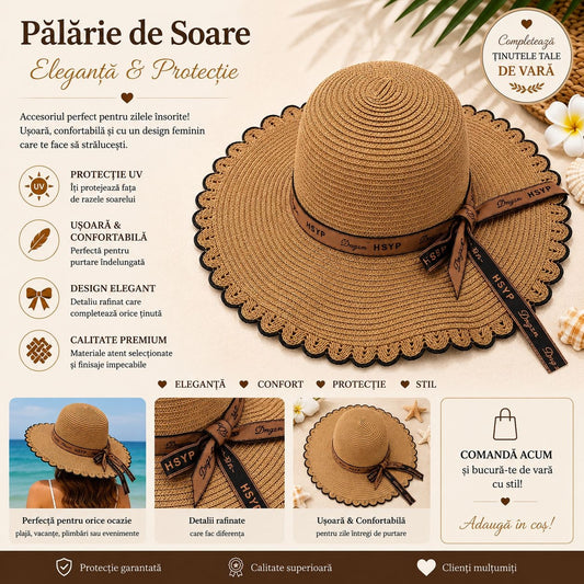 Palarie de Soare pentru Femei, Maro cu Fundita Eleganta, Boruri Ondulate, Stil Chic de Vara
