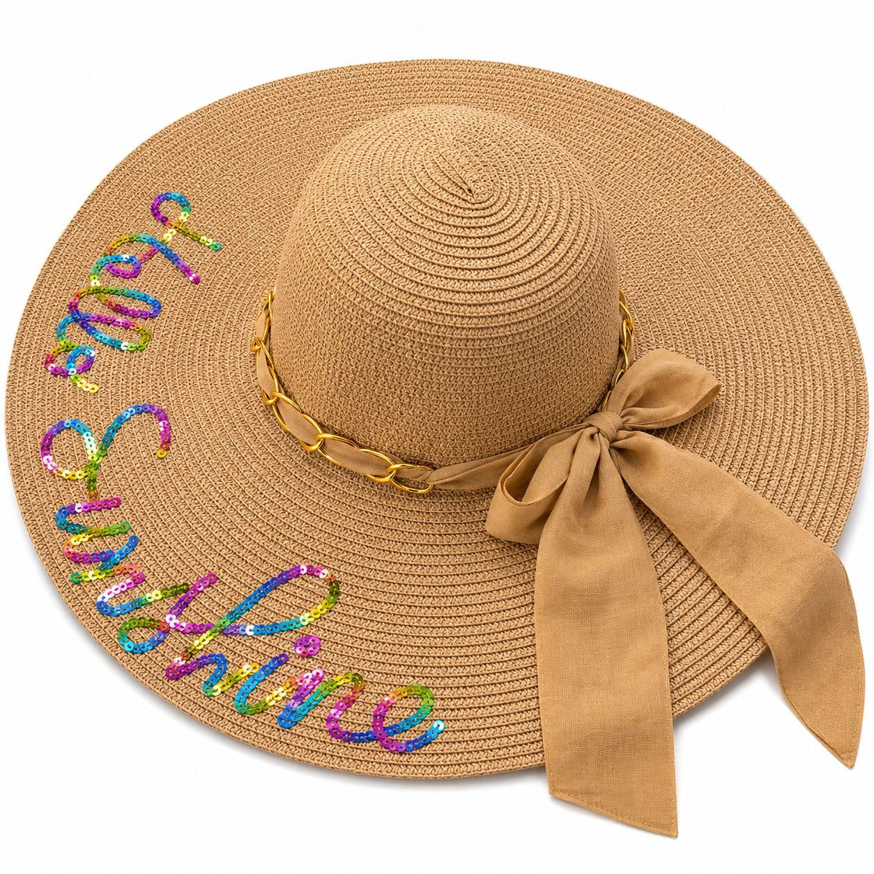 Palarie de Soare pentru Femei, Maro cu Fundita Eleganta si Inscriptie “Hello Sunshine”– Accesoriu Chic de Vara