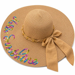 Palarie de Soare pentru Femei, Maro cu Fundita Eleganta si Inscriptie “Hello Sunshine”– Accesoriu Chic de Vara