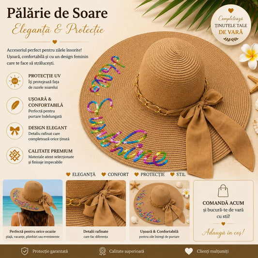 Palarie de Soare pentru Femei, Maro cu Fundita Eleganta si Inscriptie “Hello Sunshine”– Accesoriu Chic de Vara