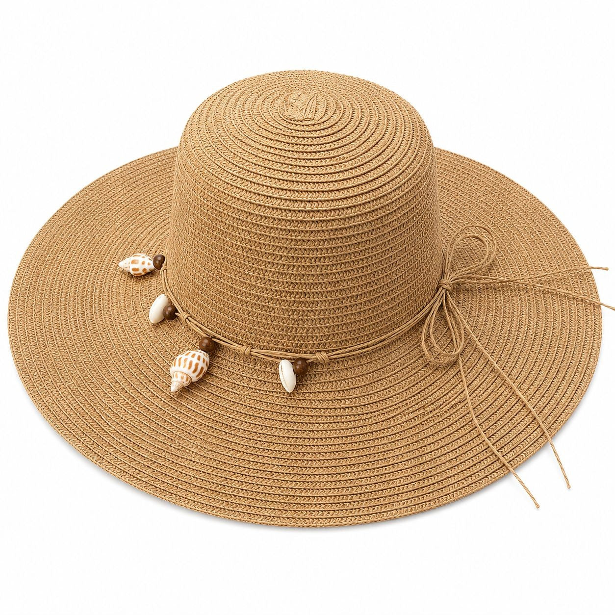 Palarie de Soare pentru Femei, Maro , cu Scoici Decorative si Fundita, Boruri Largi, Eleganta de Vara