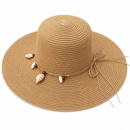 Palarie de Soare pentru Femei, Maro , cu Scoici Decorative si Fundita, Boruri Largi, Eleganta de Vara