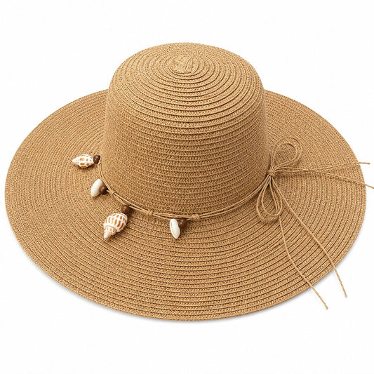 Palarie de Soare pentru Femei, Maro , cu Scoici Decorative si Fundita, Boruri Largi, Eleganta de Vara