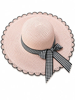 Palarie de Soare pentru Femei Roz cu Fundita Negru-Alb – Model Elegant de Vara