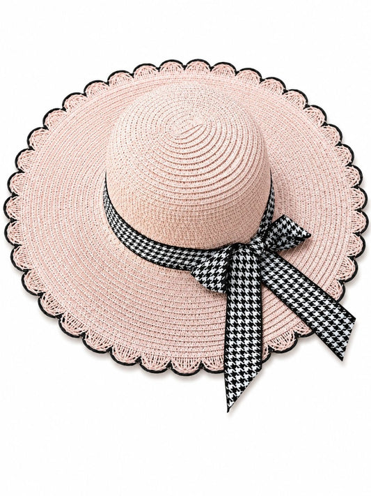 Palarie de Soare pentru Femei Roz cu Fundita Negru-Alb – Model Elegant de Vara