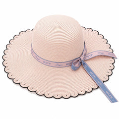 Palarie de Soare pentru Femei, Roz Pal, cu Fundita Eleganta si Boruri Ondulate, Stil Chic de Vara