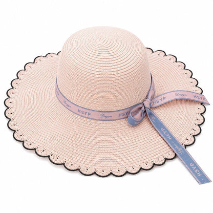 Palarie de Soare pentru Femei, Roz Pal, cu Fundita Eleganta si Boruri Ondulate, Stil Chic de Vara