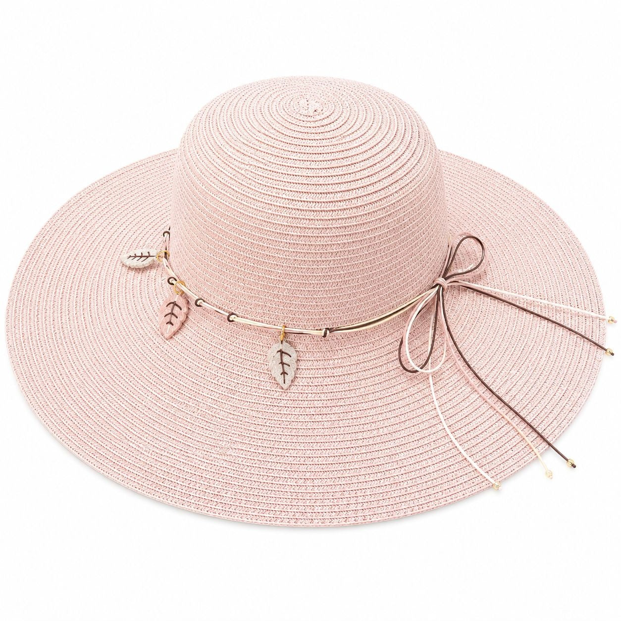 Palarie de Soare pentru Femei, Roz Pastel, cu Frunze si Fundita, Boruri Largi, Eleganta si Confortabila