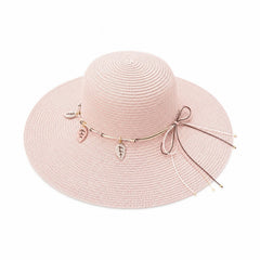 Palarie de Soare pentru Femei, Roz Pastel, cu Frunze si Fundita, Boruri Largi, Eleganta si Confortabila