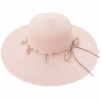 Palarie de Soare pentru Femei, Roz Pastel, cu Frunze si Fundita, Boruri Largi, Eleganta si Confortabila