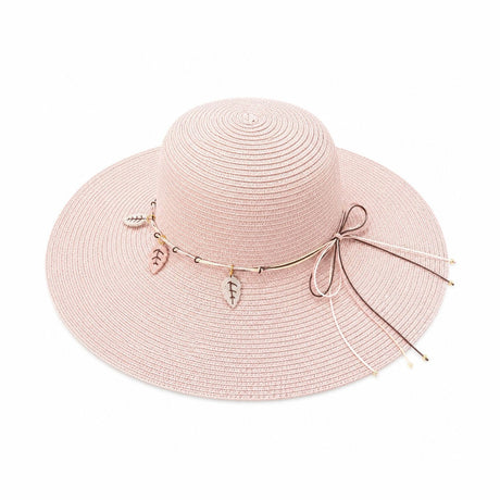 Palarie de Soare pentru Femei, Roz Pastel, cu Frunze si Fundita, Boruri Largi, Eleganta si Confortabila