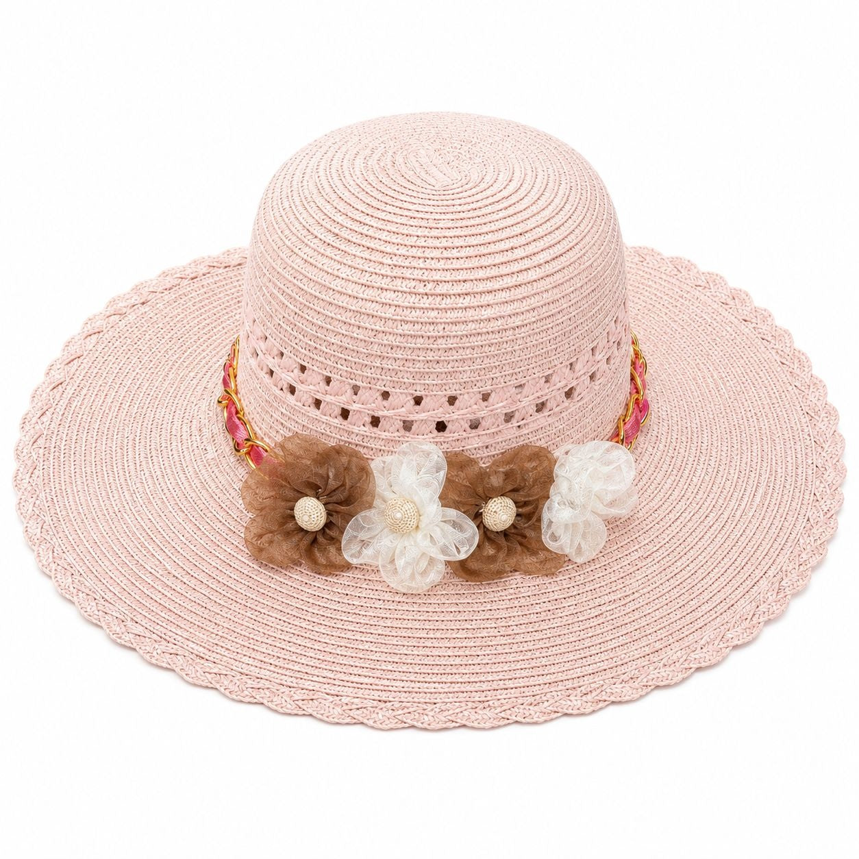 Palarie de Soare pentru Femei, Roz Pudrat, cu Floricele Decorative, Boruri Largi, Design Elegant