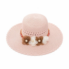 Palarie de Soare pentru Femei, Roz Pudrat, cu Floricele Decorative, Boruri Largi, Design Elegant