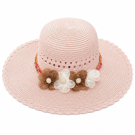 Palarie de Soare pentru Femei, Roz Pudrat, cu Floricele Decorative, Boruri Largi, Design Elegant