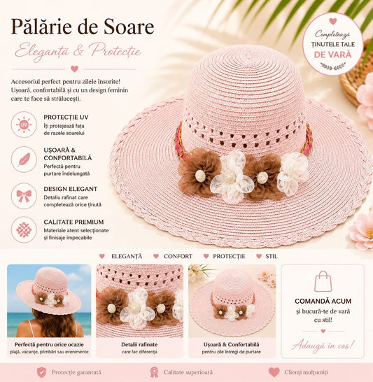 Palarie de Soare pentru Femei, Roz Pudrat, cu Floricele Decorative, Boruri Largi, Design Elegant